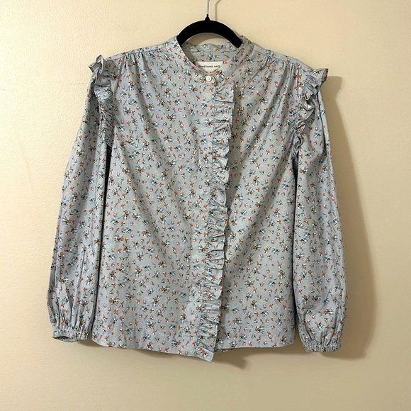Something Navy Ditsy Floral Ruffle Button Down Shirt Sz Small Cottagecore Preppy - Picture 1 of 10